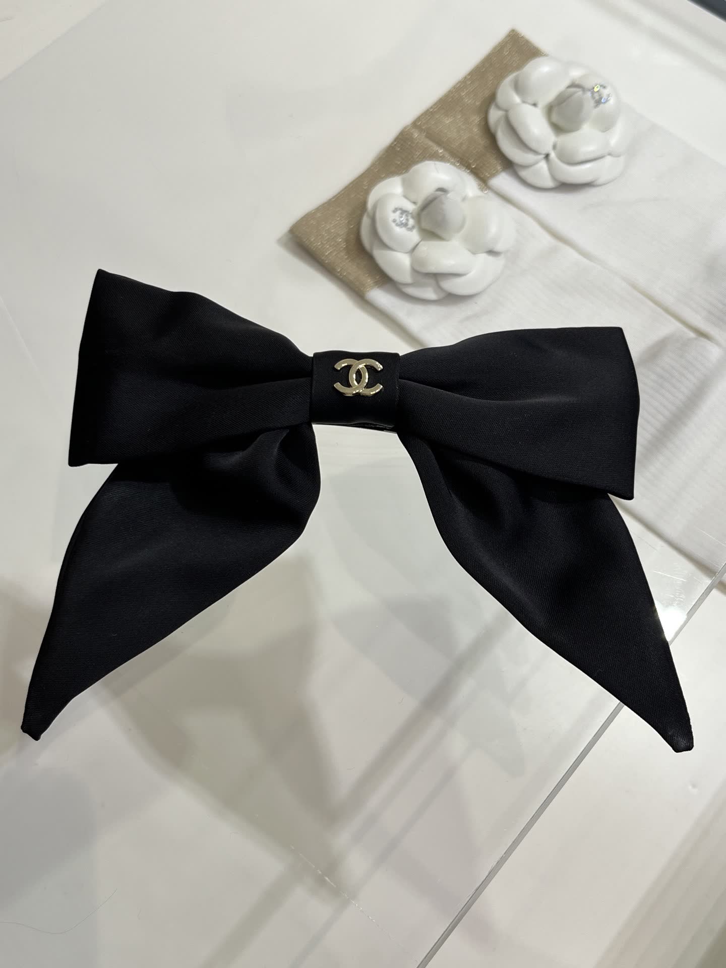 Chanel Black Satin Hair Clip with Bow